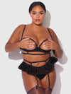 Brigeta Satin Open Cup Bra & Gartered Riuffle Panty Set Black