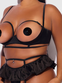 Brigeta Satin Open Cup Bra & Gartered Riuffle Panty Set Black