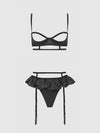 Brigeta Satin Open Cup Bra & Gartered Riuffle Panty Set Black