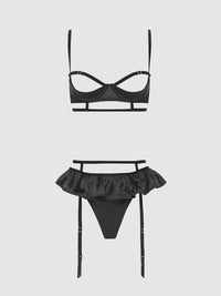 Brigeta Satin Open Cup Bra & Gartered Riuffle Panty Set Black