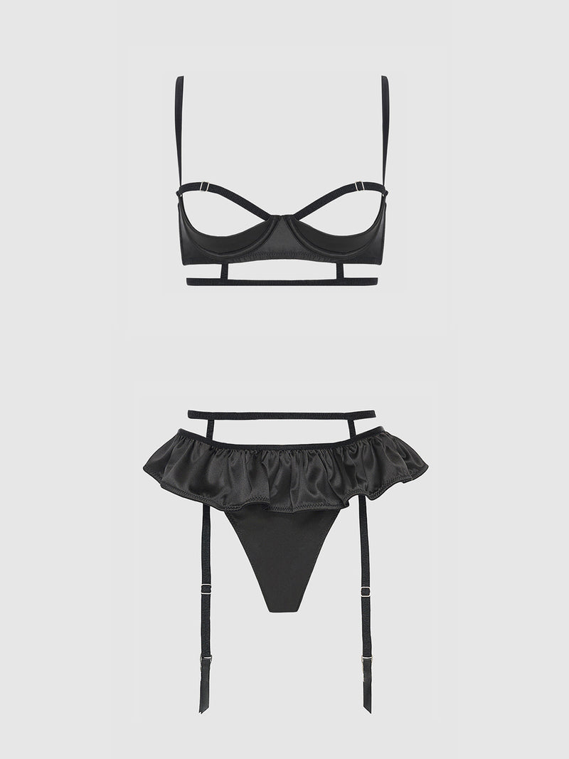 Brigeta Satin Open Cup Bra & Gartered Riuffle Panty Set Black