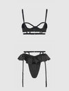 Brigeta Satin Open Cup Bra & Gartered Riuffle Panty Set Black