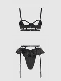 Brigeta Satin Open Cup Bra & Gartered Riuffle Panty Set Black