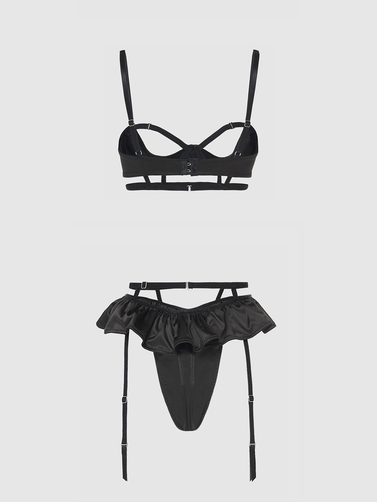 Brigeta Satin Open Cup Bra & Gartered Riuffle Panty Set Black