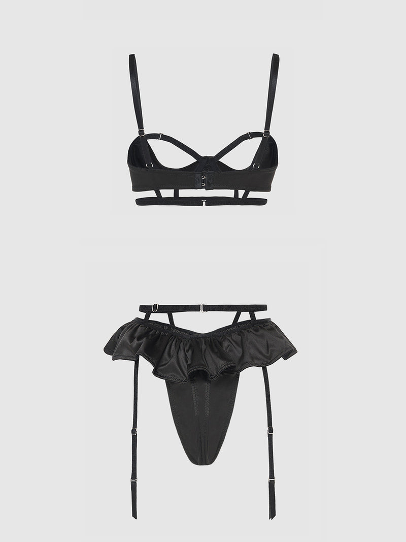 Brigeta Satin Open Cup Bra & Gartered Riuffle Panty Set Black