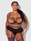 Brigeta Satin Open Cup Bra & Gartered Riuffle Panty Set Black