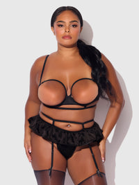 Brigeta Satin Open Cup Bra & Gartered Riuffle Panty Set Black