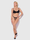 Jocelyn Lace & Satin Push Up Bra Strappy Thong Set Black