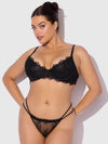 Jocelyn Lace & Satin Push Up Bra Strappy Thong Set Black