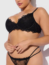 Jocelyn Lace & Satin Push Up Bra Strappy Thong Set Black