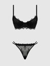 Jocelyn Lace & Satin Push Up Bra Strappy Thong Set Black
