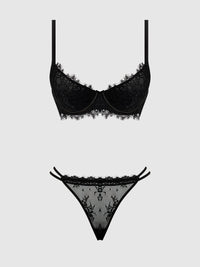 Jocelyn Lace & Satin Push Up Bra Strappy Thong Set Black