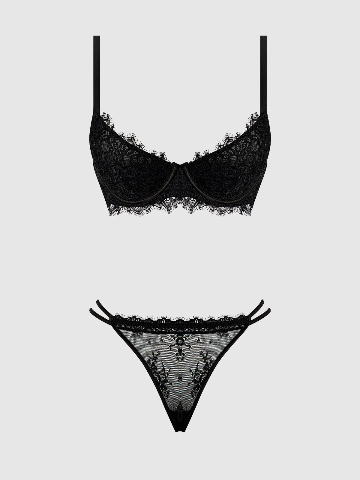 Jocelyn Lace & Satin Push Up Bra Strappy Thong Set Black