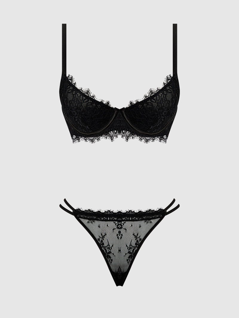 Jocelyn Lace & Satin Push Up Bra Strappy Thong Set Black