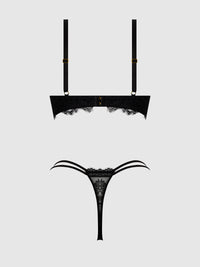Jocelyn Lace & Satin Push Up Bra Strappy Thong Set Black