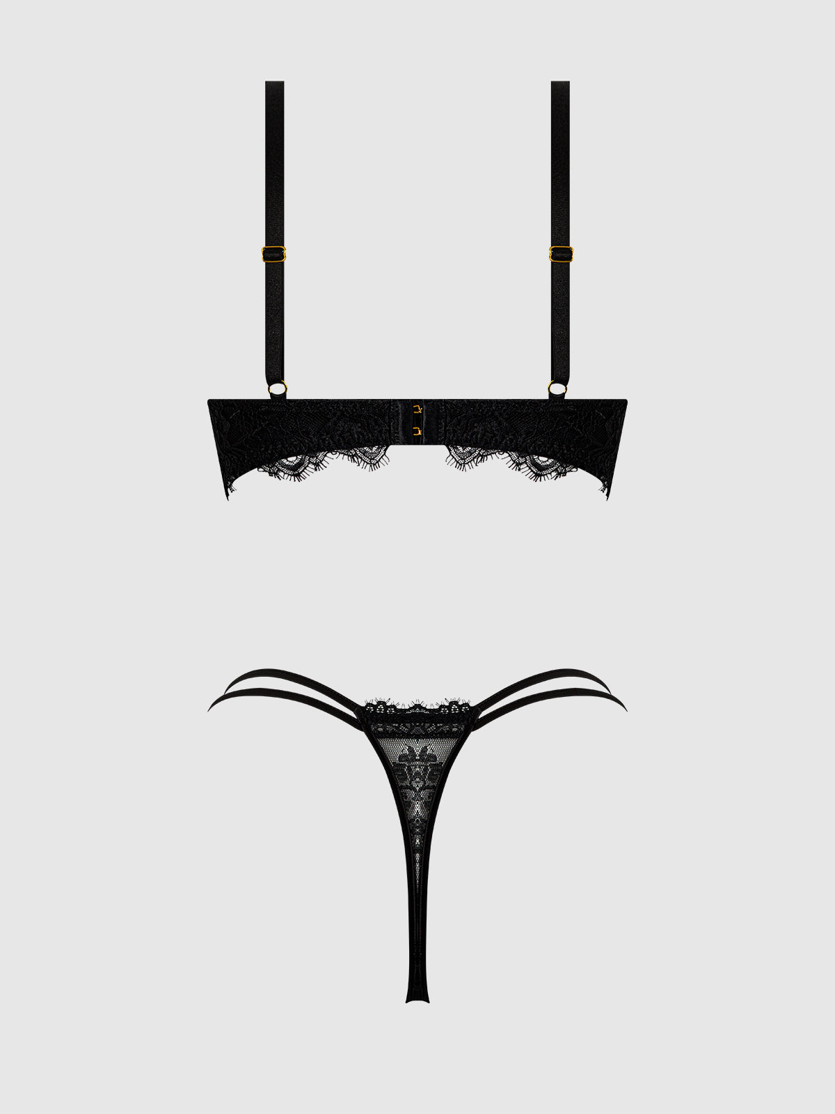 Jocelyn Lace & Satin Push Up Bra Strappy Thong Set Black