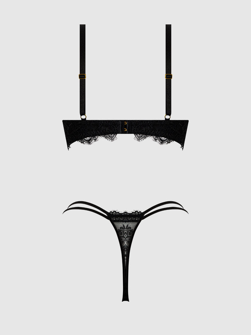 Jocelyn Lace & Satin Push Up Bra Strappy Thong Set Black