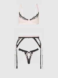 Jocelyn Satin & Lace Garter Push-Up Bra Set Pink
