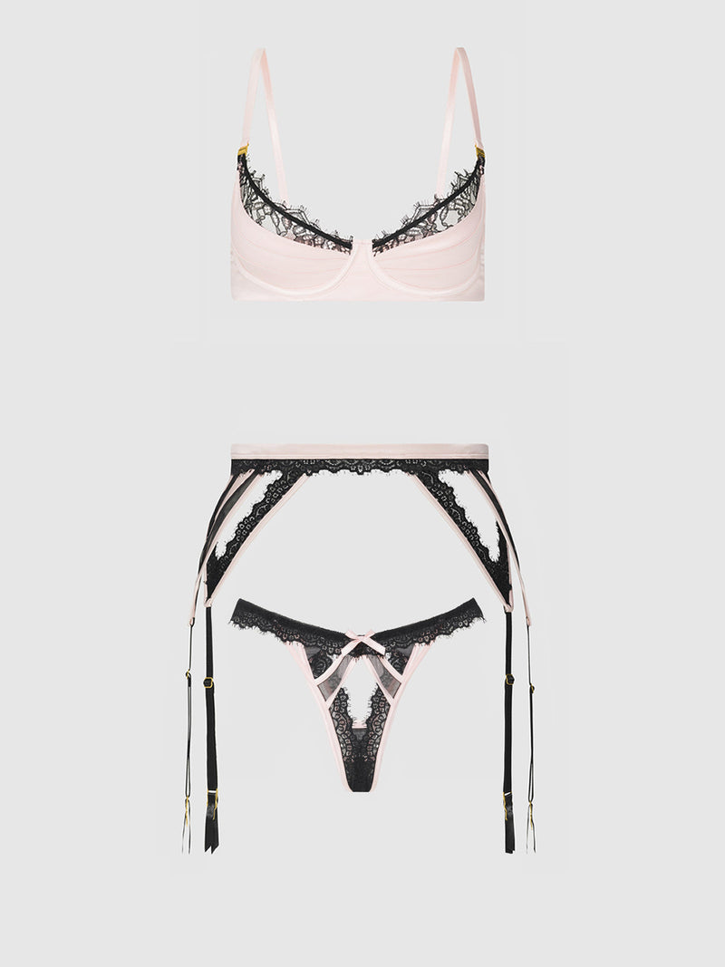 Jocelyn Satin & Lace Garter Push-Up Bra Set Pink