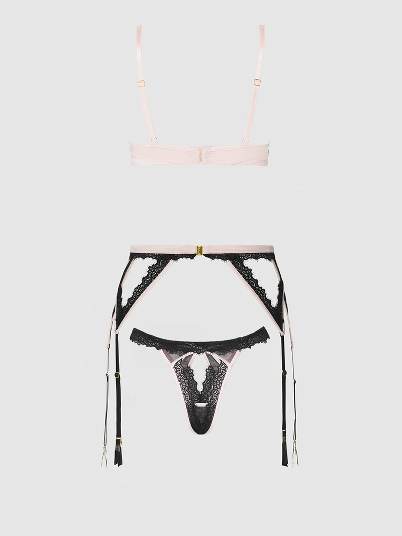 Jocelyn Satin & Lace Garter Push-Up Bra Set Pink
