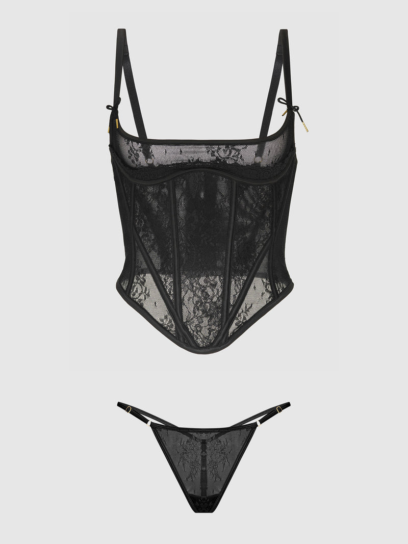 Jocelyn Cinching Lace Underwire Bustier Set Black