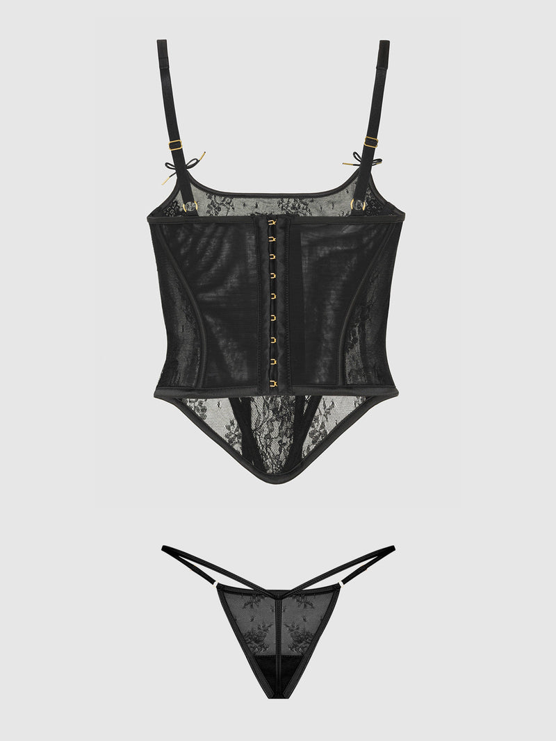 Jocelyn Cinching Lace Underwire Bustier Set Black