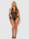 Jocelyn Satin & Lace Drop Off Crotchless Teddy Black