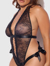 Jocelyn Satin & Lace Drop Off Crotchless Teddy Black