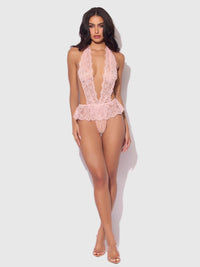 Jocelyn Satin & Lace Drop Off Crotchless Teddy Light Pink