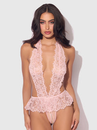 Jocelyn Satin & Lace Drop Off Crotchless Teddy Light Pink