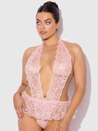 Jocelyn Satin & Lace Drop Off Crotchless Teddy Light Pink