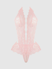 Jocelyn Satin & Lace Drop Off Crotchless Teddy Light Pink