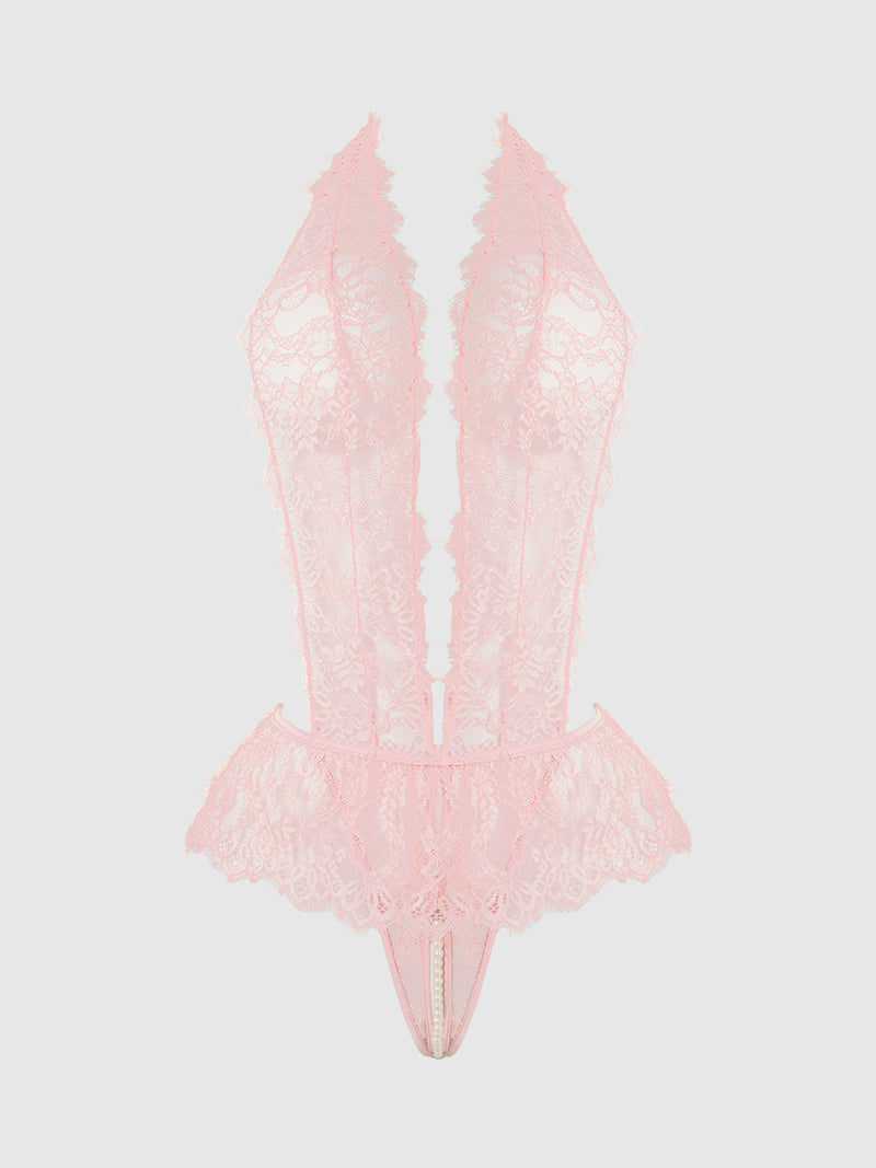 Jocelyn Satin & Lace Drop Off Crotchless Teddy Light Pink