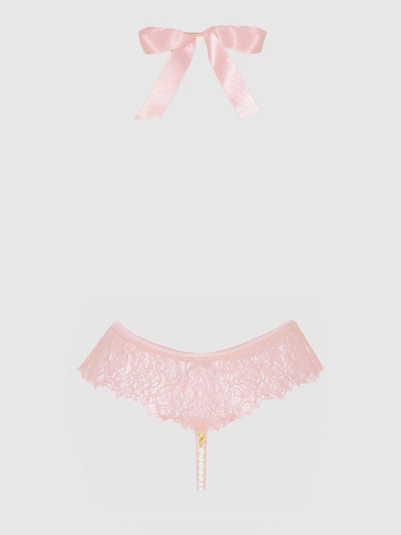 Jocelyn Satin & Lace Drop Off Crotchless Teddy Light Pink