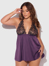 Jocelyn Lace & Satin Drop Off Babydoll Set Purple