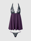 Jocelyn Lace & Satin Drop Off Babydoll Set Purple