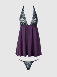 Jocelyn Lace & Satin Drop Off Babydoll Set Purple