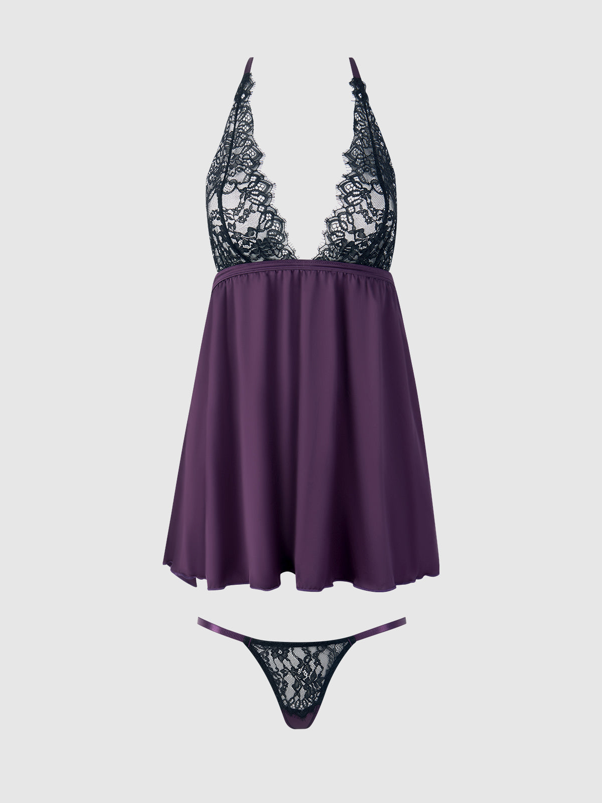 Jocelyn Lace & Satin Drop Off Babydoll Set Purple