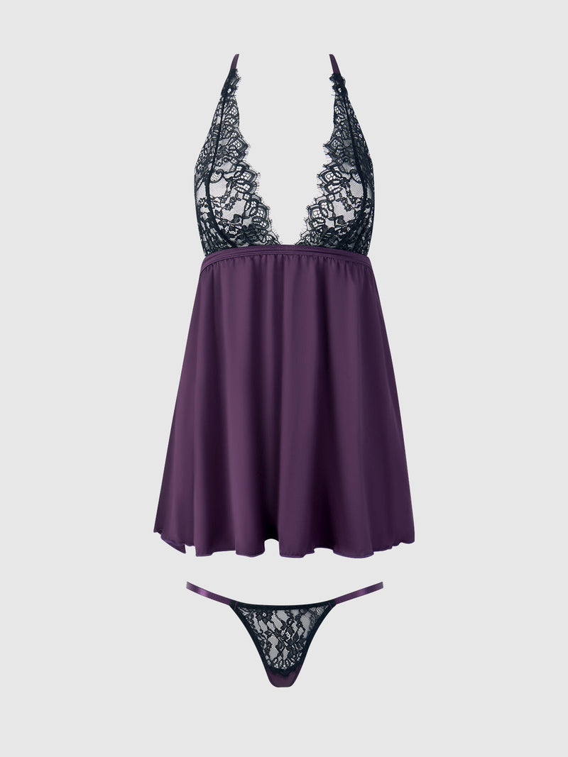 Jocelyn Lace & Satin Drop Off Babydoll Set Purple