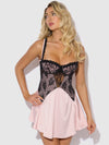 Jocelyn Satin & Lace Babydoll Set Black/Light Pink
