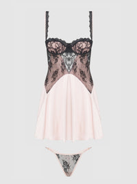 Jocelyn Satin & Lace Babydoll Set Black/Light Pink