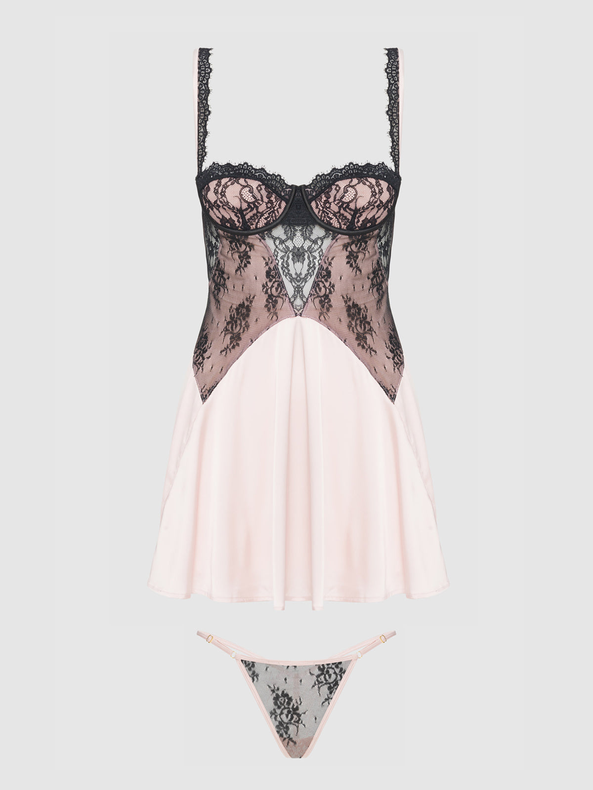 Jocelyn Satin & Lace Babydoll Set Black/Light Pink