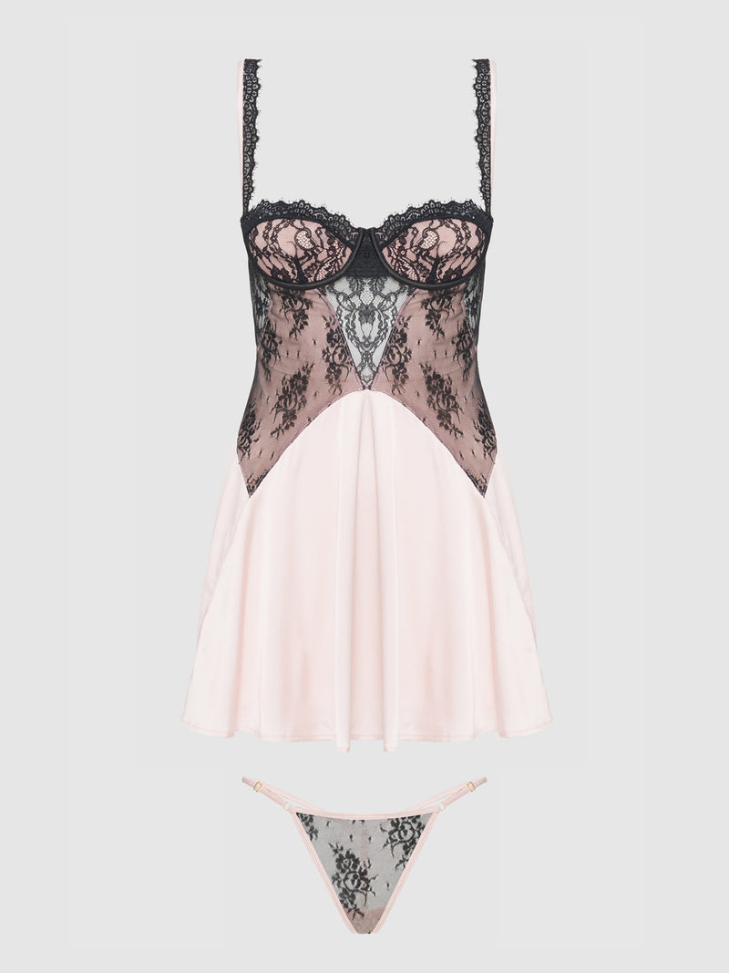 Jocelyn Satin & Lace Babydoll Set Black/Light Pink