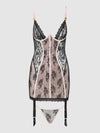 Jocelyn Lace & Satin Garter Chemise & G-String Set Black/Light Pink