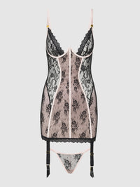 Jocelyn Lace & Satin Garter Chemise & G-String Set Black/Light Pink