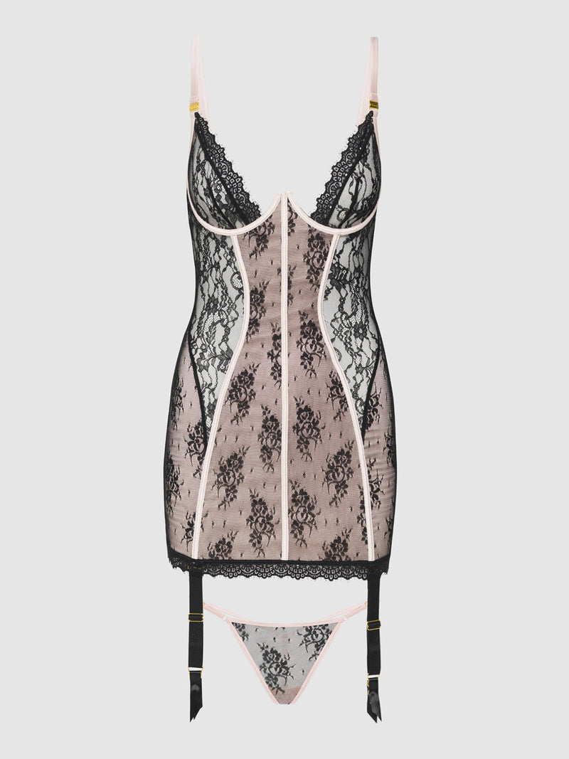 Jocelyn Lace & Satin Garter Chemise & G-String Set Black/Light Pink