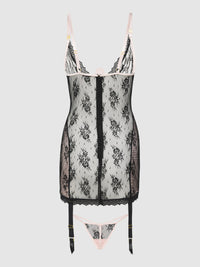 Jocelyn Lace & Satin Garter Chemise & G-String Set Black/Light Pink