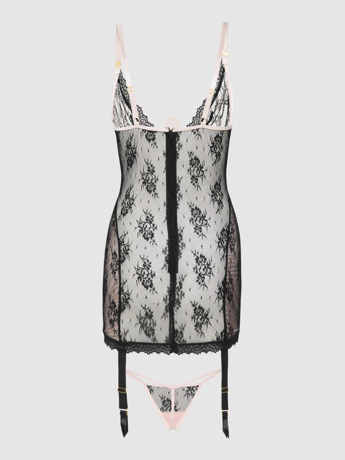 Jocelyn Lace & Satin Garter Chemise & G-String Set Black/Light Pink