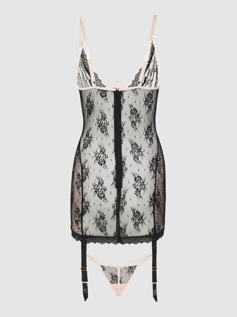 Jocelyn Lace & Satin Garter Chemise & G-String Set Black/Light Pink