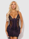 Jocelyn Lace & Satin Garter Chemise & G-String Set Purple/Black